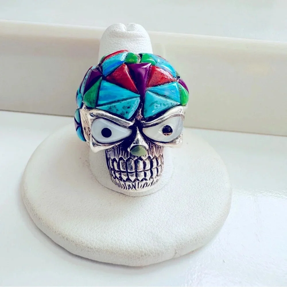 Handmade Sterling Silver & Multi Stone Inlay Skull/Biker/Rocker Ring Size 9.5